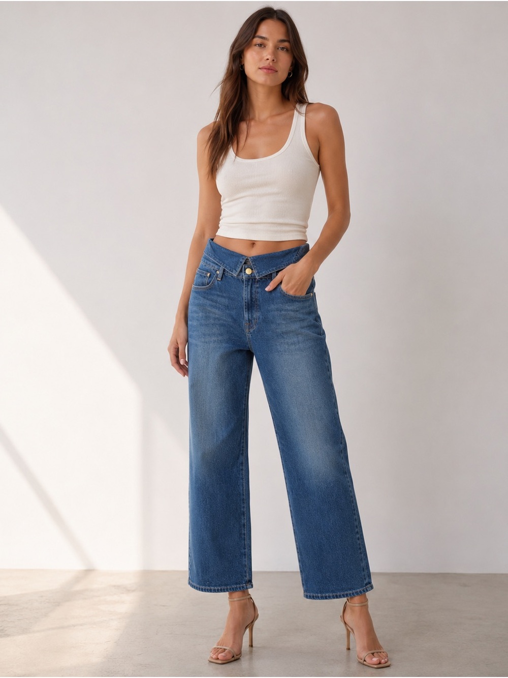 FRAME Le High Straight Fold Over Waist Cropped Jeans Medium Wash Size 31